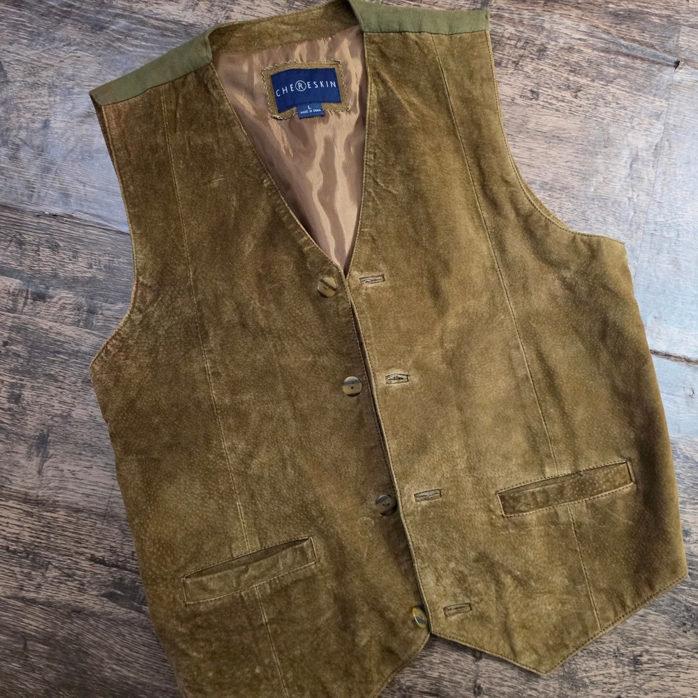 CHERESKIN Leather Vest‎ Mens Large Brown Suede Front Olive Twill Back Western